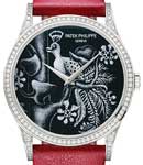 Ladies Calatrava with White Gold with Diamond Bezel & Lugs on Red Leather Strap with Enamel Painting Dial