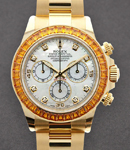 Daytona 40mm in Yellow Gold with Orange Sapphire Bezel on Oyster Bracelet with MOP Diamond Dial