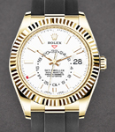 Sky Dweller in Yellow Gold with Fluted Bezel on Rubber Strap with White Stick Dial