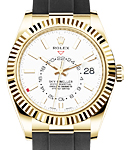 Sky Dweller in Yellow Gold with Fluted Bezel on Rubber Strap with White Stick Dial