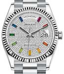Day-Date President in Platinum with Fluted Bezel on President Bracelet with Pave Diamond Dial - Rainbow Baguette Markers