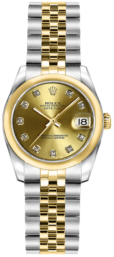 Datejust 26mm in Steel with Yellow Gold Smooth Bezel on Jubilee Bracelet with Champagne Diamond  Dial
