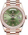 40mm President Day Date in Rose Gold with Diamond Bezel on President Bracelet with Green Roman Dial