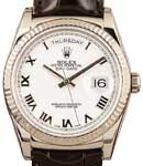 President Day-Date 36mm in White Gold with Fluted Bezel on Brown Crocodile Leather Strap with White Roman Dial