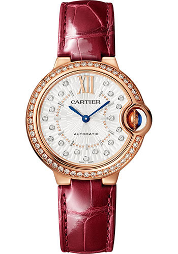 Ballon Bleu 33mm Automatic in Rose Gold with Diamond Case on Burgundy Alligator Leather Strap with Silver Sunray Diamond Dial
