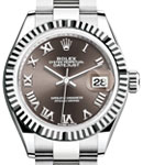 Ladies Datejust 28mm in Steel with White Gold Fluted Bezel on Oyster Bracelet with Dark Grey Roman Dial