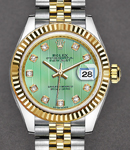 Datejust Ladies 28mm in Steel with Yellow Gold Fluted Bezel on Jubilee Bracelet with Mint Green Diamond Dial