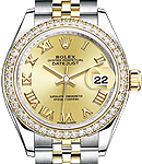 Ladies 28mm Datejust in Steel with Yellow Gold Diamond Bezel on Bracelet with Champagne Roman Dial