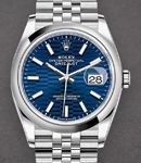 Datejust 36mm in Steel with Domed Bezel on Jubilee Bracelet with Blue Fluted Motif Stick Dial