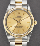 Oyster Perpetual No Date 34mm in Steel with Yellow Gold Fluted Bezel on Oyster Bracelet with Champagne Stick Dial