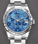 Mid Size 31mm Datejust in Steel with Fluted Bezel on Steel Oyster Bracelet with Blue Floral Diamond Dial