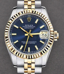 Ladies 2-Tone Datejust with Yellow Gold Fluted Bezel on Jubilee Bracelet with Blue Stick Dial