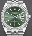Datejust 36mm in Steel with Diamond Bezel on Steel Jubilee Bracelet with Green Stick Dial