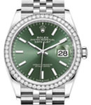 Datejust 36mm in Steel with Diamond Bezel on Steel Jubilee Bracelet with Green Stick Dial