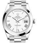 Day Date 40mm President in Platinum with Smooth Bezel on President Bracelet with White Roman Dial