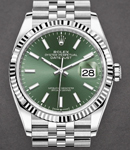 Datejust 36mm with White Gold Fluted Bezel on Jubilee Bracelet with Green Stick Dial