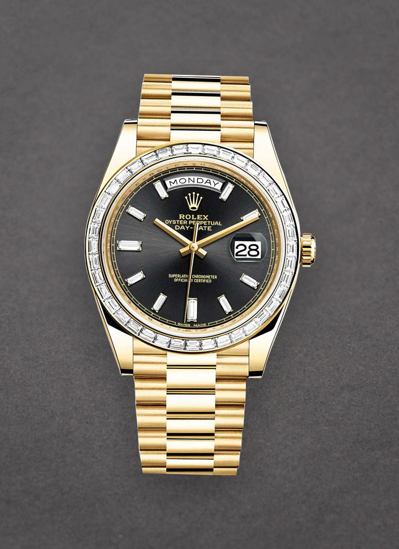 Pre-Owned Rolex Day Date President 40mm in Yellow Gold with Baguette Diamond Bezel