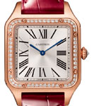 Santos Dumont Large in Rose Gold with Diamond Bezel on Red Crocodile Leather Strap with Silver Dial