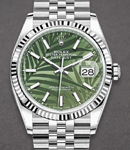 Datejust 36mm in Steel with White Gold Fluted Bezel on Jubilee Bracelet with Green Palm Motif Stick Dial