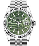 Datejust 36mm in Steel with White Gold Fluted Bezel on Jubilee Bracelet with Green Palm Motif Stick Dial