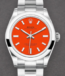 Oyster Perpetual No Date 31mm in Steel with Domed Bezel on Oyster Bracelet with Coral Red Dial