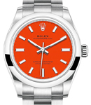 Oyster Perpetual No Date 31mm in Steel with Domed Bezel on Oyster Bracelet with Coral Red Dial