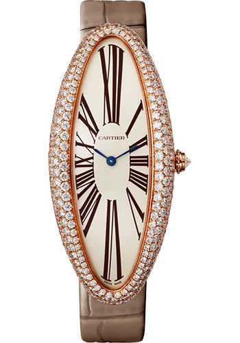 Baignoire Allongee Medium Model with Diamond Bezel in Rose Gold on Taupe Alligator Leather Strap with Silver Dial