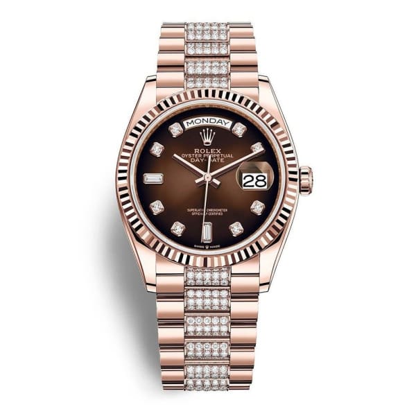 President Day-Date 36mm in Rose Gold with Fluted Bezel  on President Diamond Bracelet with Chocolate Diamond Dial