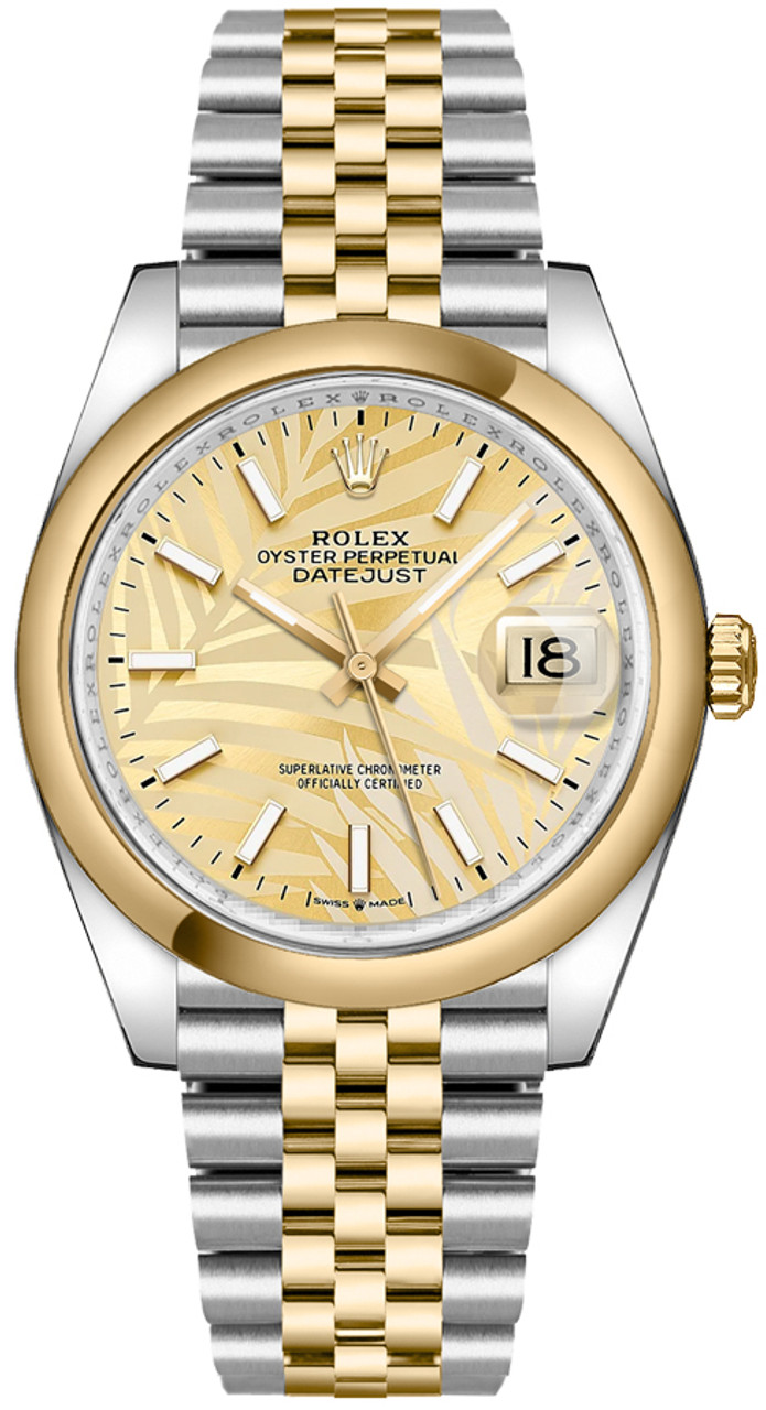 Datejust 36mm in Steel with Yellow Gold Smooth Bezel On Jubilee Bracelet with Champagne Palm Motif Stick Dial