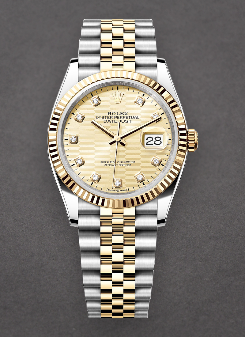 Rolex Unworn Datejust 36mm in Steel with Yellow Gold Fluted Bezel