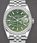 Datejust 36mm in Steel with Diamond Bezel on Steel Jubilee Bracelet with Green Palm Stick Dial