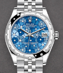 Mid Size Datejust in Steel with White Gold 24 Diamonds Bezel on Jubilee Bracelet with Blue Floral Diamond Dial