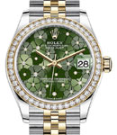 Mid Size 31mm Datejust in Steel with Yellow Gold Diamond Bezel on Jubilee Bracelet with Green Floral Diamond Dial