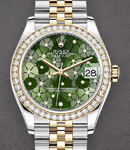 Mid Size 31mm Datejust in Steel with Yellow Gold Diamond Bezel on Jubilee Bracelet with Green Floral Diamond Dial