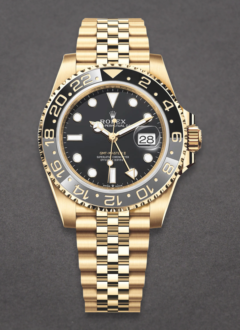 Rolex Unworn GMT Master II in Yellow Gold with Black Ceramic Bezel