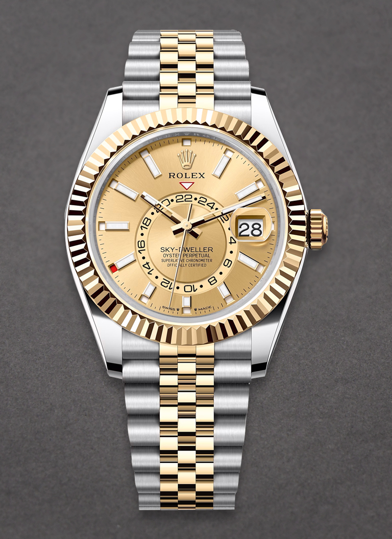 Rolex Unworn Sky Dweller 42mm in Steel with Yellow Gold Fluted Bezel