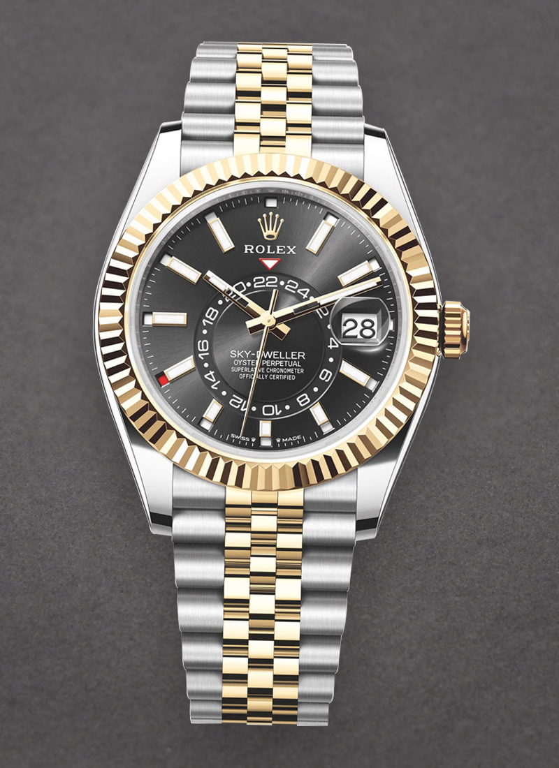 Rolex Unworn Sky Dweller 42mm in Steel with Yellow Gold Fluted Bezel