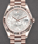 Datejust 31mm Mid Size in Rose Gold with Fluted Bezel on President Bracelet with Silver Floral Diamond Dial