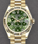 President 31mm Mid Size in Yellow Gold with Fluted Bezel on President Bracelet with Green Floral Diamond Dial
