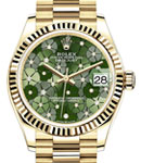 President 31mm Mid Size in Yellow Gold with Fluted Bezel on President Bracelet with Green Floral Diamond Dial