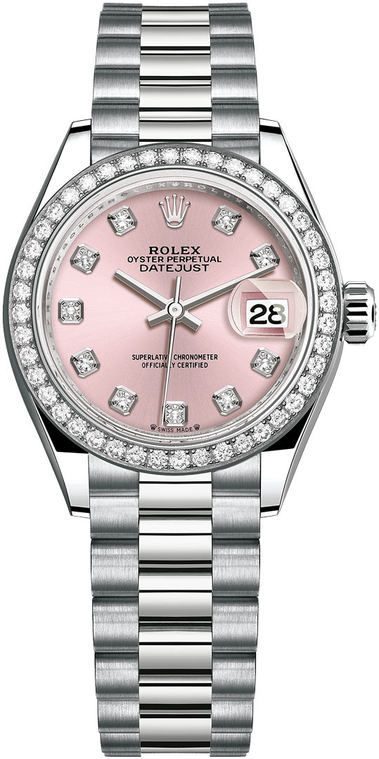 Ladies Datejust 28mm in White Gold with Diamond Bezel on President Bracelet with Pink Diamond Dial
