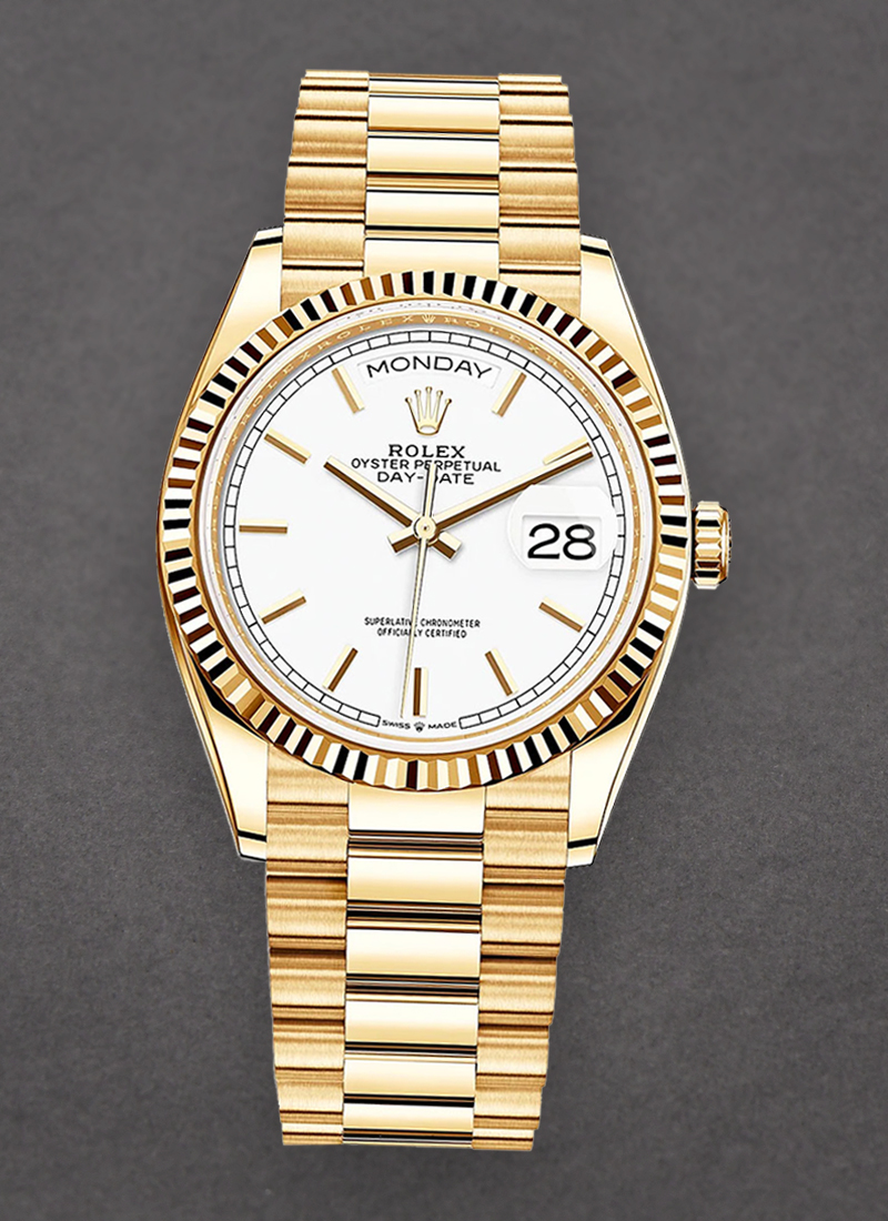 Rolex Unworn President Day-Date 36mm in Yellow Gold with Fluted Bezel