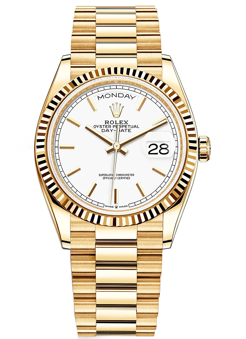 Rolex Unworn President Day-Date 36mm in Yellow Gold with Fluted Bezel