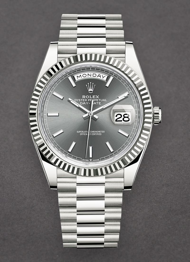 Rolex Unworn Day Date 40mm White Gold with Fluted Bezel