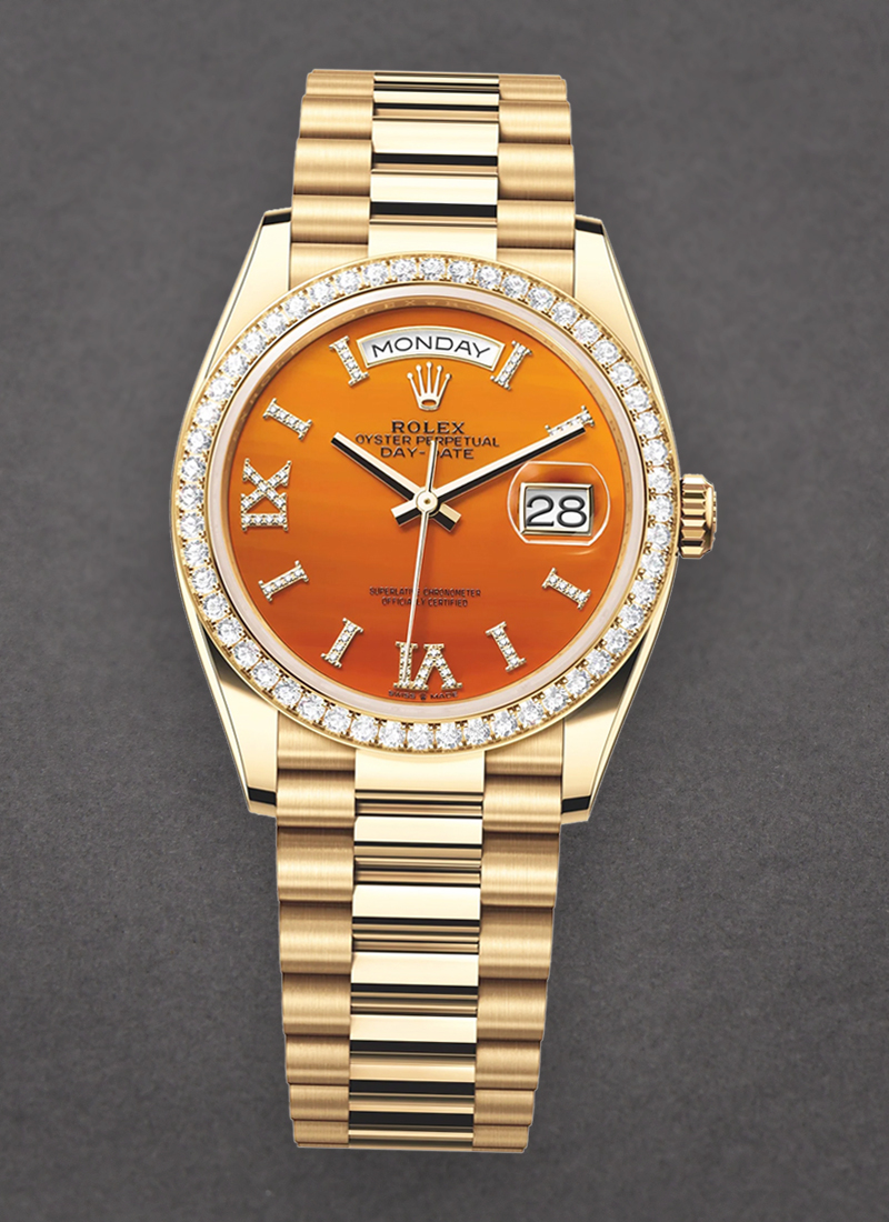 Rolex Unworn Day Date 36mm in Yellow Gold with Diamond Bezel