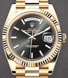 Day Date in Yellow Gold with Fluted Bezel  on President Bracelet with Black Stick Dial
