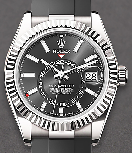 Sky Dweller Oyster 42mm in White Gold with Fluted Bezel On Black Oysterflex Rubber Strap with Black Stick Dial