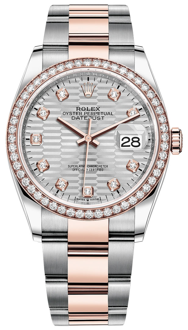 Datejust 36mm in Steel with Rose Gold Diamond Bezel on Oyster Bracelet with Silver Fluted Motif Diamond Dial