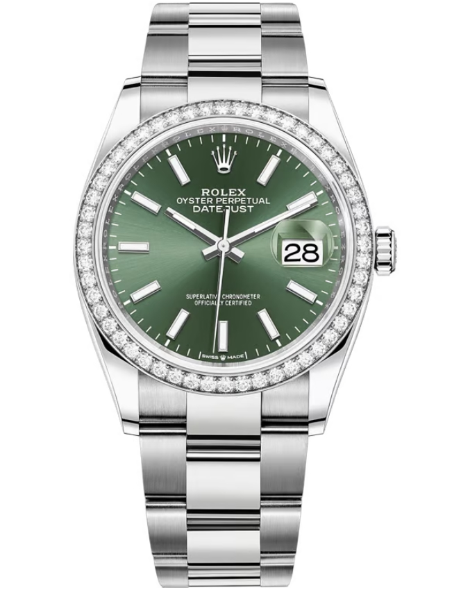 Datejust 36mm in Steel with Diamond Bezel on Oyster Bracelet with Green Stick Dial