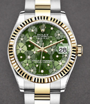 Midsize Datejust 31mm in Steel with Yellow Gold Fluted Bezel on Oyster Braclet with Green Floral Diamond Dial